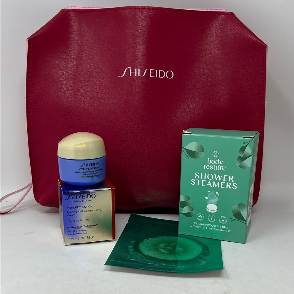 SHISEIDO BEAUTY BUNDLE 15ml Firming Cream Shower Steamers Cucumber Pads and Bag
